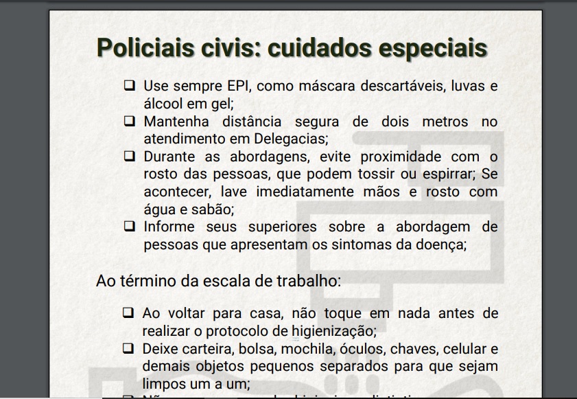 Documento compõe um conjunto de ações que estão sendo realizadas em apoio aos policiais civis durante a pandemia