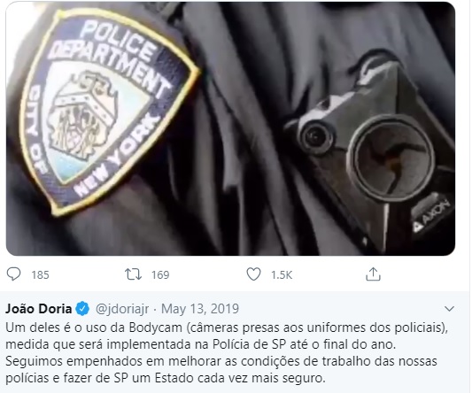 Os policiais de São Paulo vão poder contar com mais 2,5 câmeras portáteis que visam filmar as ações e diminuir episódios de violência